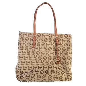 Michael Kors Women's Tote MK Monogram Logo Beige/Brown, Leather Straps Gold